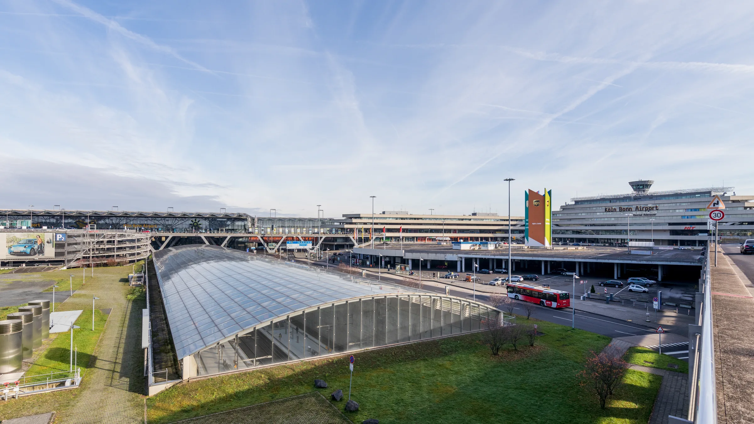 The glass roof over the station at Cologne/Bonn Airport, the terminals behind it