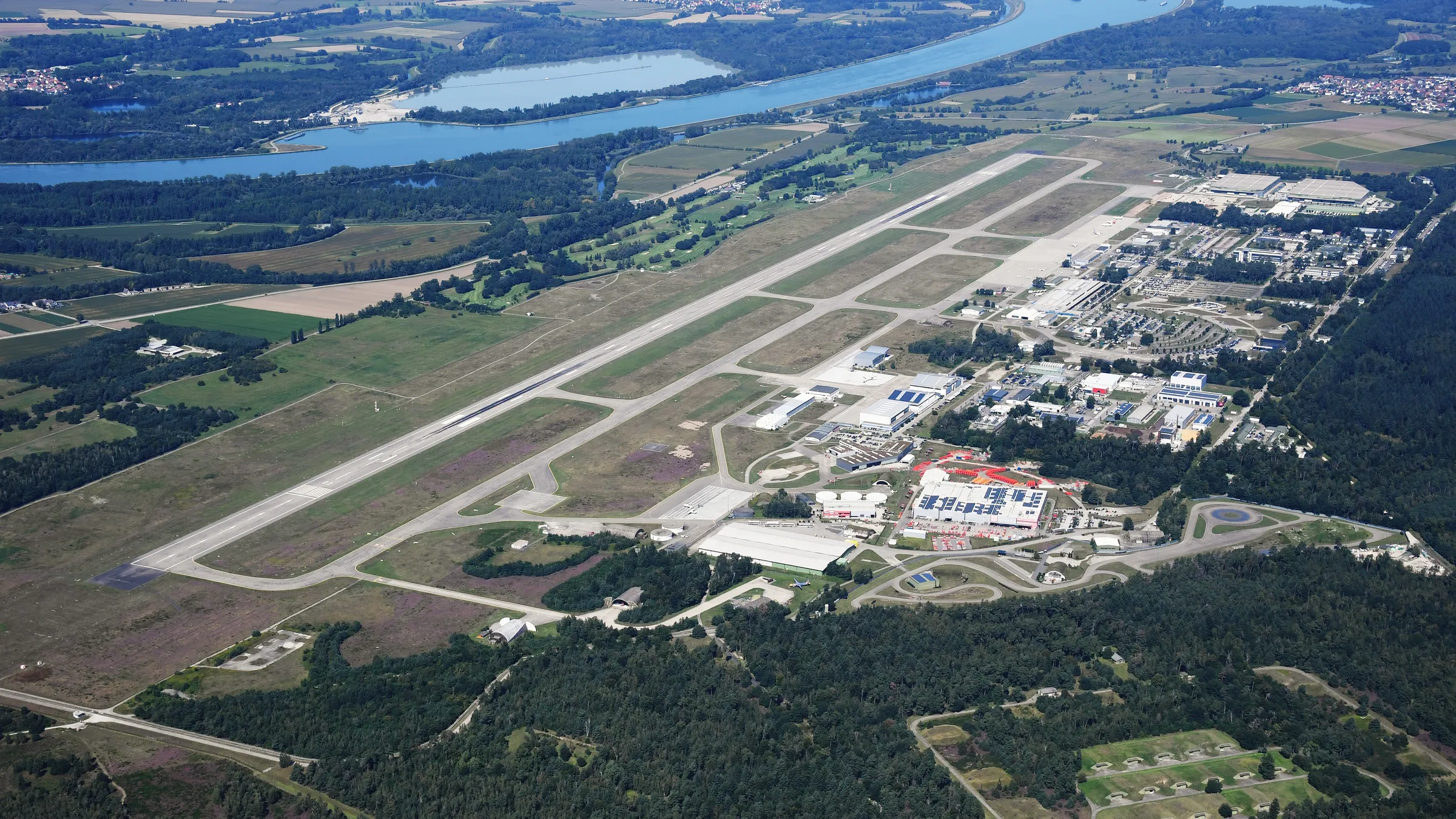 Karlsruhe/Baden-Baden Airport from the air, the Rhine plain behind it
