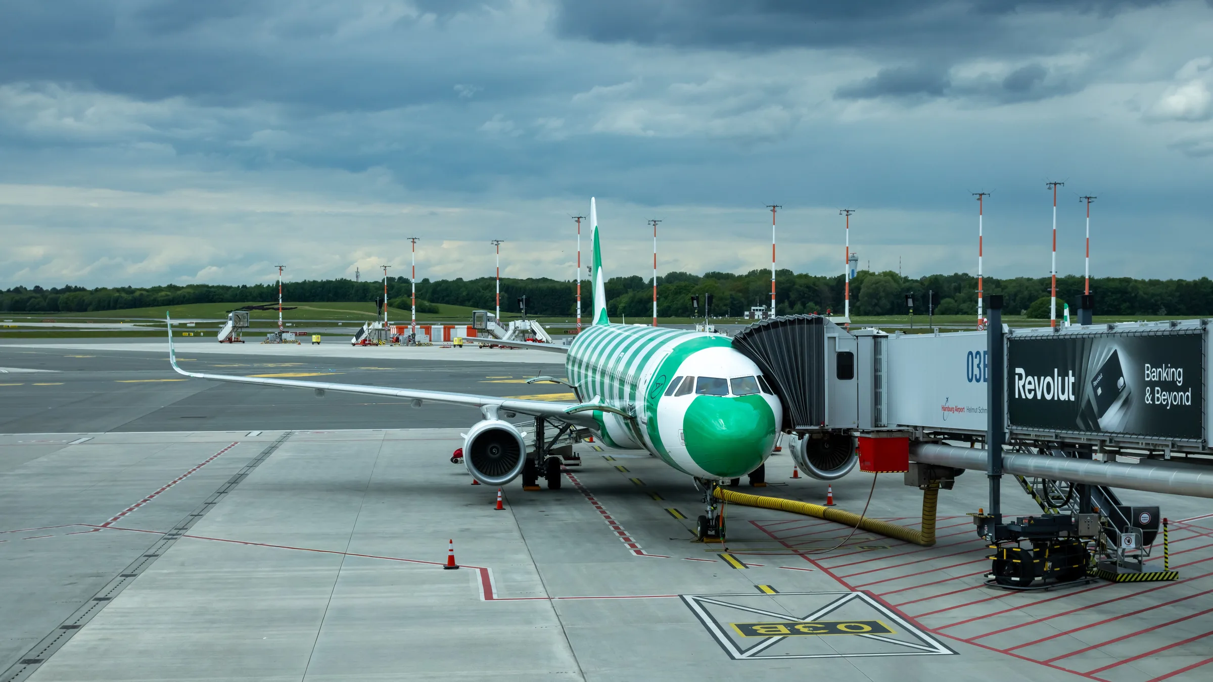 An Airbus A320 at the gate at Hamburg Airport