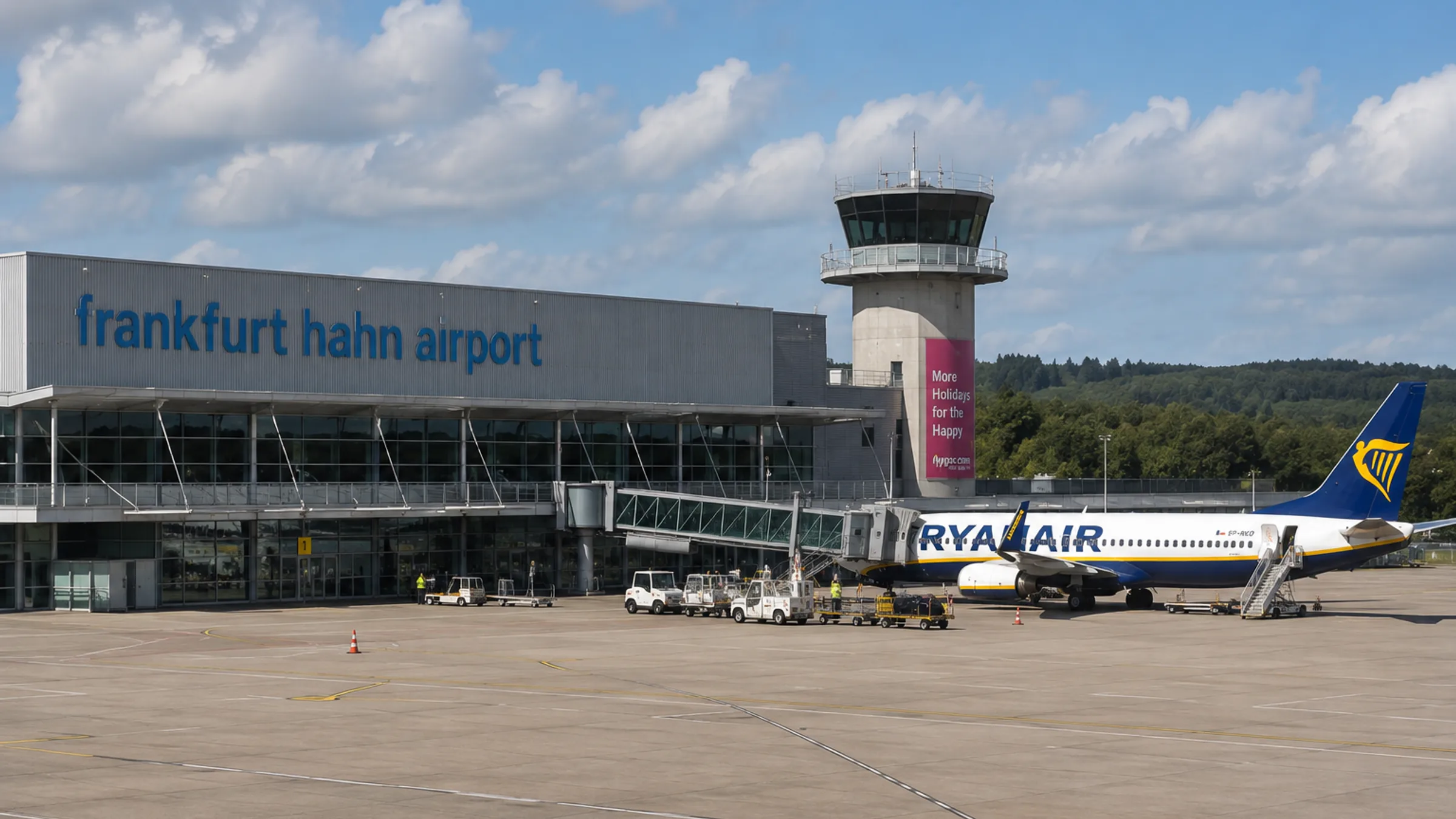 The Frankfurt-Hahn terminal frontage with a Ryanair 737 on stand