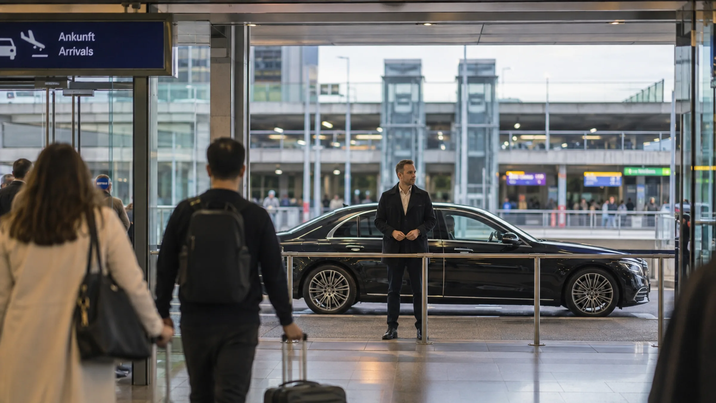 Ein Chauffeur wartet am Bordstein vor einer Ankunftstür, dahinter eine schwarze Limousine — GermanRide Meet & Greet am Terminal