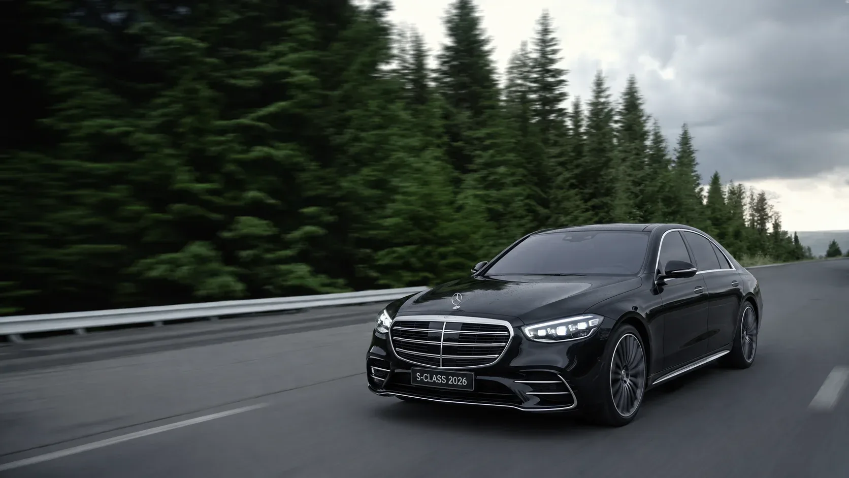A black Mercedes-Benz S-Class on a forest road — Private jet and business aviation